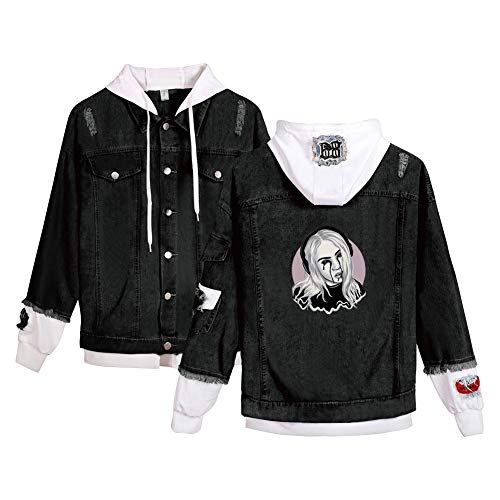 Billie Eilish Spijkerjas Unisex Denim Jacket Hoodie met Capuchon Retro Jasje 2 in 1 Patchwork Jassen Lange Mouwen Sporthoodies Zweetjas Old School Winterjas Bomberjack Vluchtjas X03406NZ01244XL