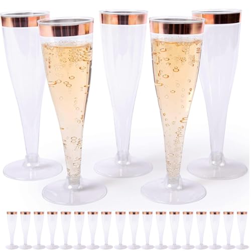 image for Prestee Set of 24 Plastic Champagne Flutes with Rose Gold Rim - 4.5 oz