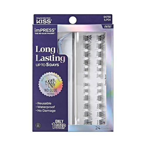 KISS imPRESS Falsies Long Lasting Self Adhesive Eyelashes, ‘Demi Bold’, 5 Day Extended Wear, 24 Medium Volume Lash Clusters (5,6,8,10,12, & 14mm), Precision Non-Stick Applicator