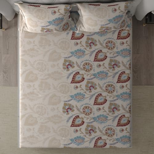 Image of Cloth Fusion Glace Cotton Elastic Fitted Bedsheet for Double Bed with 2 Pillow Covers (78X60 inches, Beige Floral)