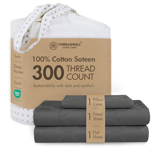Image of Threadmill 300TC Cotton Twin XL Sheet Set, Sateen, Jacquard, Dark Grey | 100% Cotton, Sateen Weave, Jacquard Pattern, 3-Piece Set, 16 inch Deep Pocket, Cooling, Breathable, OEKO-TEX Certified