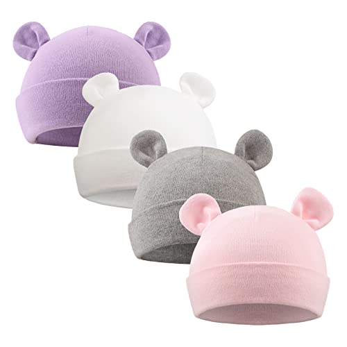 XIAOHAWANG Babymütze Neugeborene Mädchen Jungen Mütze Baby Beanie Baumwolle für 0-12 Monate Babys Unisex Erstlingsmütze (0-6Monate, Lila + Weiß + Rosa + Grau)