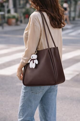 Image of SIJJEEL Women's Handbag Synthetic Leather Shoulder Bag with Bear Charm Tote One Size Women's Shoulder Bag Faux Leather Tote