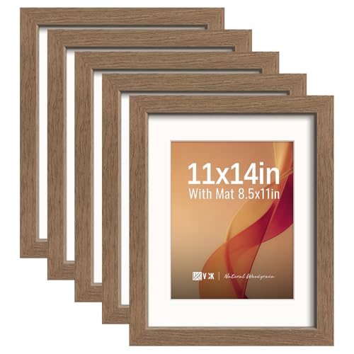 Image of VCK 11x14 Picture Frame 5 Pack, Walnut Exclusive Wood, HD Glass, for Print