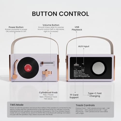 Image of Walta Elite Retro Pro Portable Bluetooth Speaker, 16W, Purple, Vintage Style, TWS Mode, BT 5.4, Type-C Charging, 5Hrs Playtime