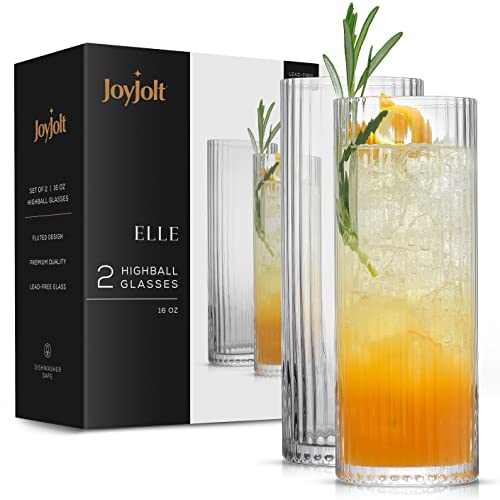 Joyjolt Fluted Highball Glasses – Elle 16Oz Tall Drinking Glasses. 2 Ribbed Highball Glasses. Gin And Tonic Glasses, Cocktail Glasses, Juice Tumblers & Water Glasses. Vintage Style Drinking Glasses #TOP7