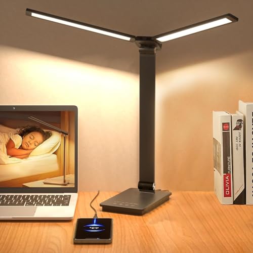TTBD デスクライト 卓上ライト LEDライト ダブル光源 目に優しい 800lm 明るい 超高輝度 新型 節電【多角度調整/5段階調色/無段階調光/高演色性/12W省エネ/子供 勉強用】電球色・昼白色・昼光色 電気スタンド 読書灯 テーブルライト おし