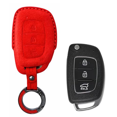 Image of KMH Alcantara Car Key Cover Compatible Hyundai Grand i10 NIOS Asta | Venue | i20 | Aura | Creta | Elantra 3 Button Shell Case Holder Full Key Smart Keycover with Keychain (D1) Red - Pack of 2