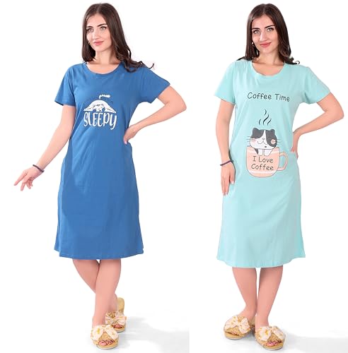 Image of Printed Knee Length Pocket Night Dresses for Women | Cat Lover | Premium Soft Cotton Nighty | Blue and Maroon