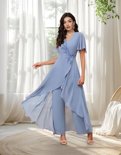 Chiffon Mother of The Bride Jumpsuit for Wedding Guest Short Sleeves Formal Women Pant Suits KW0033