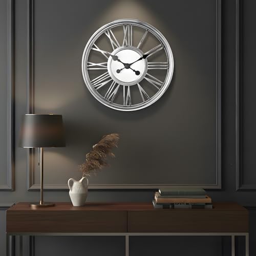 Image of Amazon Basics Large Plastic Wall Clock with Chrome Finish, Skeleton Dial Design, Lightweight & Durable, 44 cm Diameter x 5.7 cm Width, Ideal for Living Room - Silver