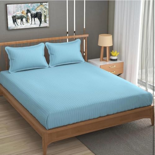Image of Single Bedsheet Set with Pillow Cover | 200 TC Stripe Glace Cotton Bedding | Soft, Breathable & Durable Single Bed Sheet | Elegant Aqua Blue Striped Design
