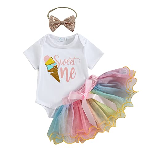 Lamuusaa Toddler Baby Girl Birthday Outfit ''Sweet One'' Short Sleeve Romper Colorful Tulle Tutu Skirts Headband Set (Ice Cream, 6-12 Months)