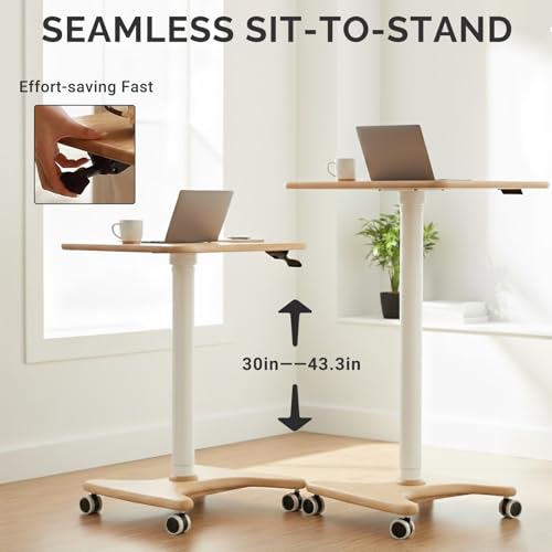 Image of 31.5in Mobile Standing Desk, 30-43.3in Rolling Desk Adjustable Height, One-Piece Solid Desktop, Wheels, Ideal for Home Offices, Apartments, Bed & Sofa, Natural Color
