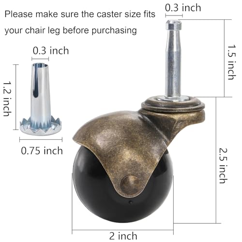 Yarlung 8 Pack 2 Inch Ball Caster Wheels with Swivel Stem, Antique Brass Casters with Mounting Stem Sleeve Socket (5/16" x 1-1/2") for Furniture Chairs Sofa Cabinets