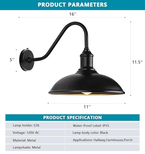 Image of 11 Inch Outdoor Barn Gooseneck Lights from Dusk to Dawn, Waterproof and Rust Resistant Classic Farmhouse Barn Lights, Gooseneck Lights for Garage, Patio and Porch