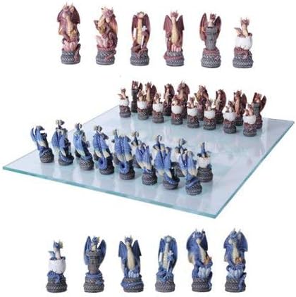 Gifts & Decors Might and Magic Dragon Fantasy Collectible Hand Painted Resin Chess Pieces with Glass Board Set
