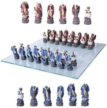 Gifts & Decors Might and Magic Dragon Fantasy Collectible Hand Painted Resin Chess Pieces with Glass Board Set