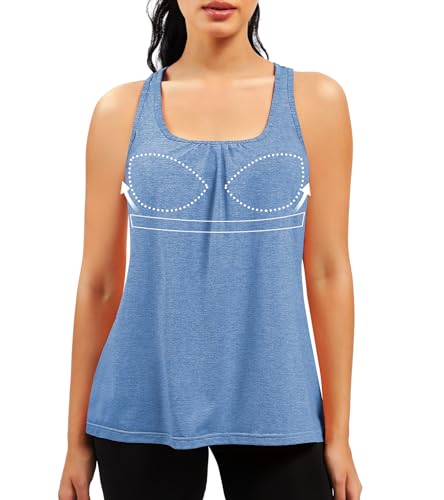 Work Out Tank Tops for Women Racerback Gym Yoga Athletic Top Round Neck Built in Bra Blue