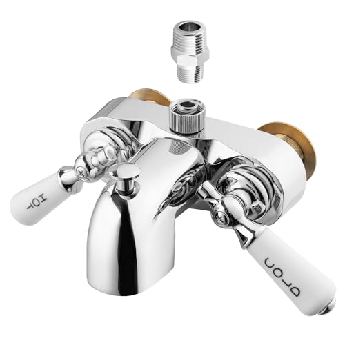 Clawfoot Add-A-Shower Bathcock Diverter Shower Attachment for Tub Faucet Bathtub Faucet with Porcelain Lever Handles and Ceramic Disc Cartridges MIP Inlet Chrome