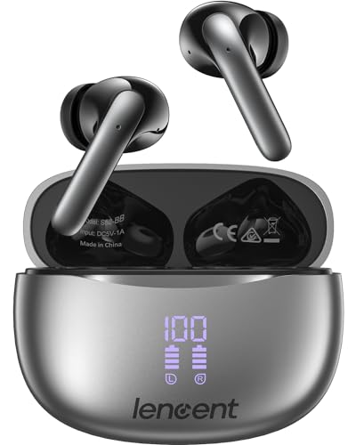 LENCENT Auriculares Inalámbricos Bluetooth 5.3 con 30H Reproducción, Audifono IPX5 Impermeable, Cascos Inalambricos Control Táctil Pantalla LED, Micrófono Incorporado para iOS Andriod,Negro-Plato