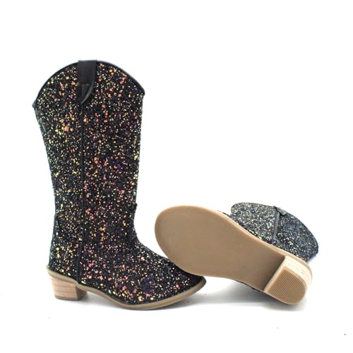 Girls Rhinestone Sparkly Cowboy Boots Kids Pointed Toes Dress Shoes Low Heel Mid Calf Zipper Party Sequins Boots4