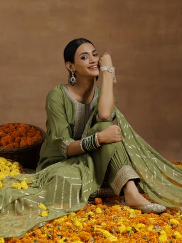 Image of Libas Embroidered Silk Blend Straight Kurta with Salwar and Dupatta
