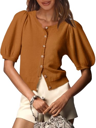 Image of Saodimallsu Womens Puff Short Sleeve Cardigan Lightweight Summer Button Down Shirts Knit Crew Neck Sweater Tops