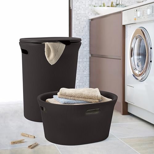 Image of Superio Ribbed Collection - Decorative Plastic Laundry Basket with Cut-Out Handles, Brown (2 Pack) Hamper Organzier for Bedroom Bathroom College Dorm Room 35 Liter
