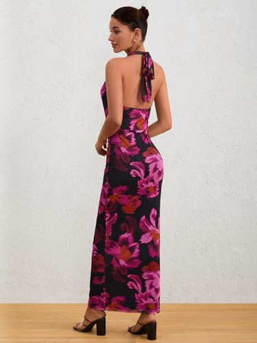 Milumia Women's Mesh Floral Open Back Deep V Neck Halter Maxi Long Dress2