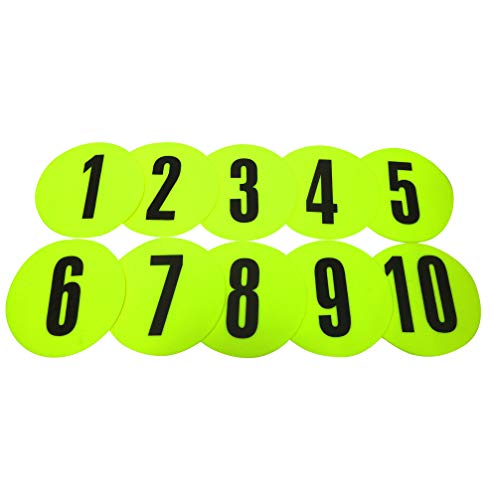 Fitness Health FH Disc Marker Set Numbered 1 to 10, Bright yellow and non-slip spot markers for Outdoor and Indoor Use. Durable and strong suitable for hard and soft surfaces,13cm diameter discs.