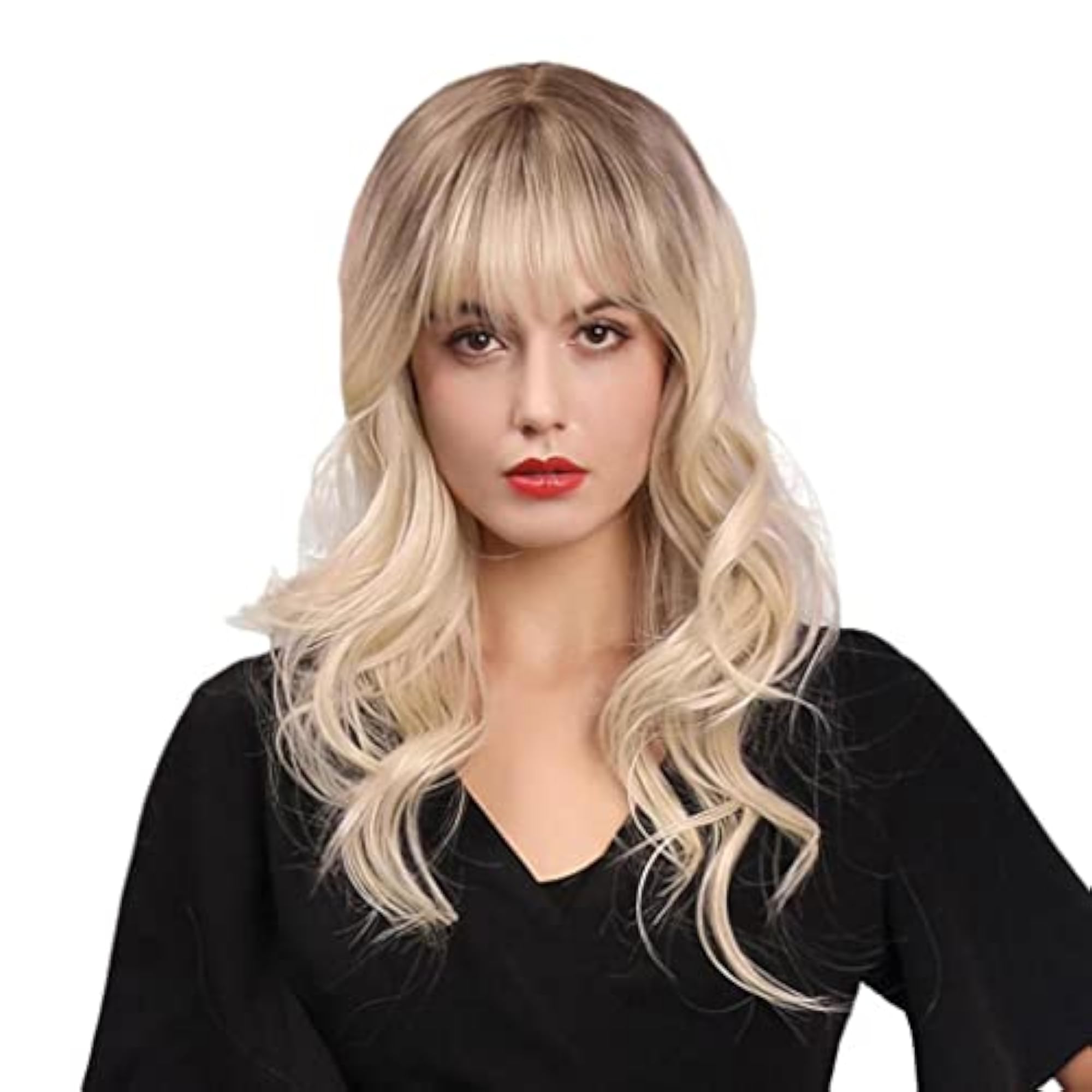 22'' Synthetic Wavy Curly Wig with Neat Bangs
