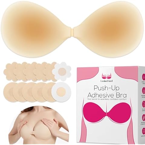2024 Upgraded Sticky Bra Push Up, Ultra-Thin Strapless Bra for Backless Dress, Invisible Adhesive Bra, Stick on Bras with 12 Nipple Covers Nude Cover