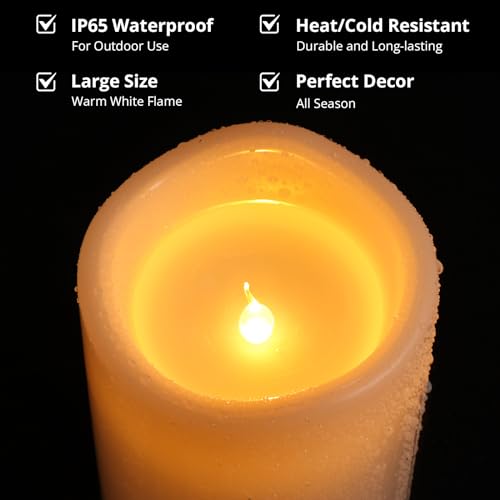 Image of NURADA Large Outdoor Flameless Candles 6 inch 8 inch 10 inch x 5 inch - Waterproof LED Pillar Flickering Candle Battery Operated with Timer Remote for Patio Porch Lanterns - Ivory White Set of 3