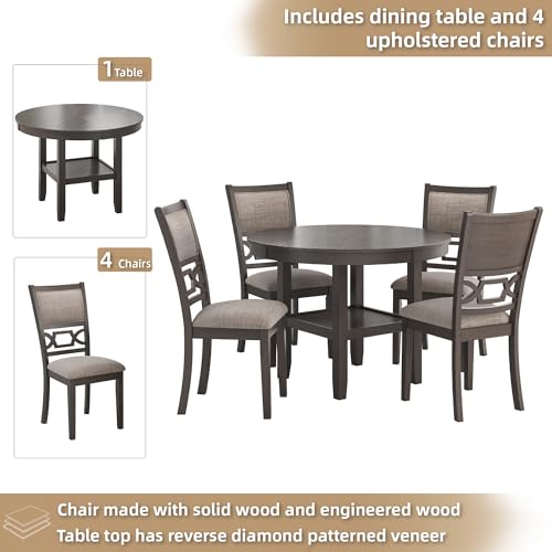Image of Signature Design by Ashley Wrenning 5-Piece Transitional Dining Table with Chairs Set, 42 inch Square Table with Shelf, Upholstered Fretwork Chairs, Light Gray