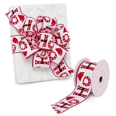 Image of White Ho-Ho-Ho Wired Christmas Ribbon - 2 1 /2 inch x 10 Yards, Glitter, Santa Hat & Belt, Wreath, Gift Wrap, Garland, Tree Topper Bow, DIY, Winter Decor