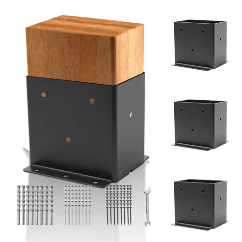 4 Set 4“× 6” Post Base, (Inner Size 3.6'x 5.6') Post Brackets,Black Metal Powder-Coated Thick Steel Post Anchor Outdoor for Support Deck Base Plate Pergola Brackets Fence Kit,Mialbox Post Mount