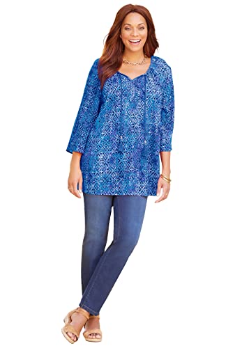 Catherines Women's Plus Size Sequin Trim Gauze Peasant - 3X, Navy Textured Stencil Blue (2284) #TOP11