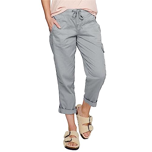 Womens Roll Hem Cargo Slacks Drawstring Cotton Trousers with 5 Pockets Relaxed Fit Summer Straight Lounge Pants