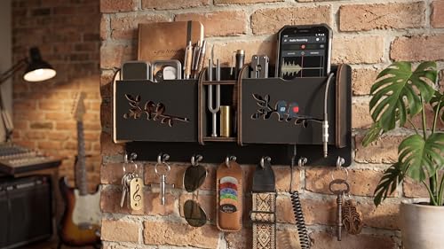 Image of Wall Mount Key Holder & Mail Organizer | Laser-Cut Key Hanger with 7 Metal Hooks, Letter Rack & Pen Stand | Wooden Wall Decor for Entryway, Living Room, Home & Office (Bird Branch)