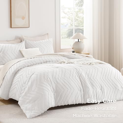 Image of Andency White Oversized Super King Plus Comforter Set 128x120, Extra Large King Size Comforter Oversize Boho Soft Warm Bedding Comforter Sets, 3 Pieces Aesthetic Chevron Textured Bedding