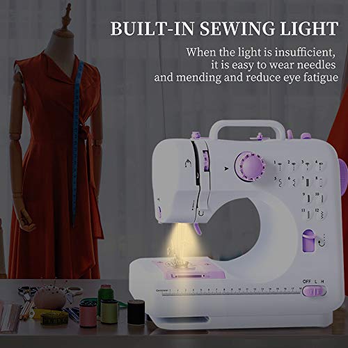 Sewing Machine, 12 Built-in Stitches, Automatic Needle Threader Portable Household Sewing Kit, Two-Thread Lockstitch with High & Low Adjustable Speeds, White, FHSM-505