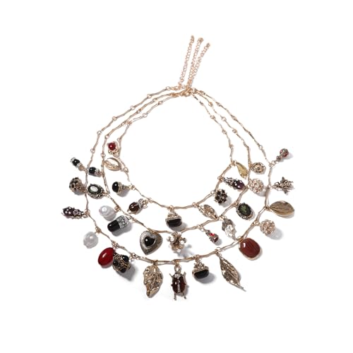 Vintage Style Charm Necklace Set Layered Gold Chain with Crystal and Pearl Heart Beaded Pendant Boho Long Chain Necklace for Women3