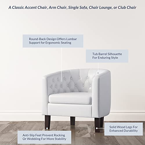 Image of BELLEZE White Accent Chairs for Living Room, Set of 2 Elegant Arm Chairs, Upholstered Tufted Barrel Chairs Club Chairs for Bedroom with Sturdy Legs and Faux Leather - Berlinda (White)