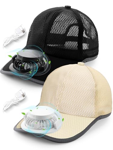 Image of Yaomiao 2 Pcs Solar Baseball Cap with Fan Unisex Sun Protection USB Charging Fan Mesh Hat for Summer Outdoor