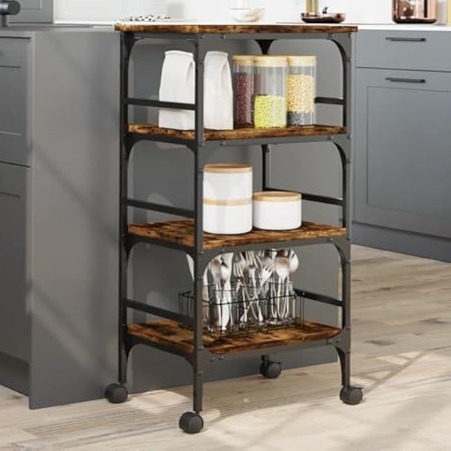 Versatile Kitchen Trolley for Enhanced Storage and Mobility, Smoked Oak Finish, Durable Engineered Wood and Steel Frame-V0zMgMkM