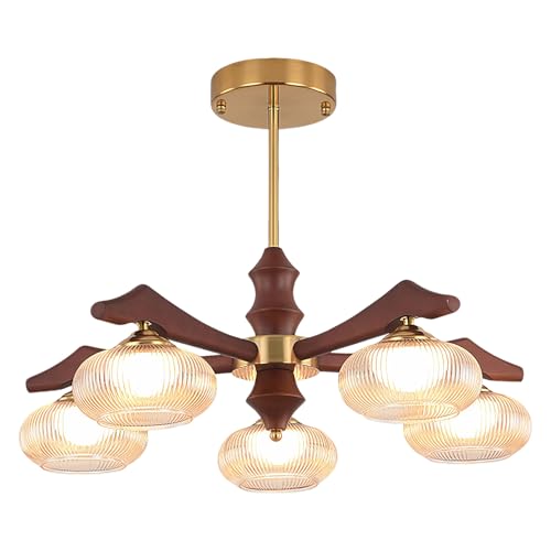 svodsen Mid Century Modern Globe Chandelier, 5-Light Vintage Ribbed Glass