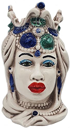 Sicilia Bedda - Teste di Moro Siciliane Ceramica di Caltagirone - Altezza 13 Centimetri - Arredo Casa (Donna Corona Verde e Blu)