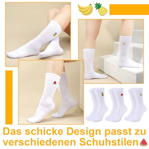 taonganui 6 Paar Weiß Tennissocken Socken Damen & Herren Crew Socks mit Motiv, EU 39-42 Sportsocken mit Fruchtmuster, Unisex Sport-Socken Atmungsaktive Arbeitssocken