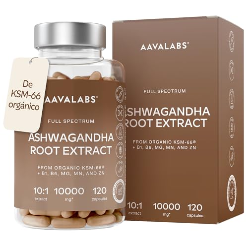 Ashwagandha KSM-66 1000mg (Proporción de Extracto 10:1 Equivalente a 10,000mg por Porción) - 5% de Withanólidos - Ashwagandha Organica con Magnesio, Manganeso, Zinc y Vitamina B6, B1-120 Capsulas